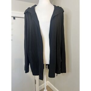 Eileen Fisher Long Black Cardigan Hoodie Cotton Large